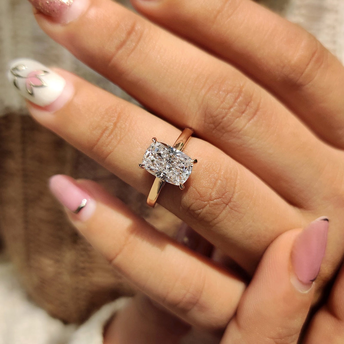 Elongated Cushion Diamond Classic Solitaire Engagement Ring