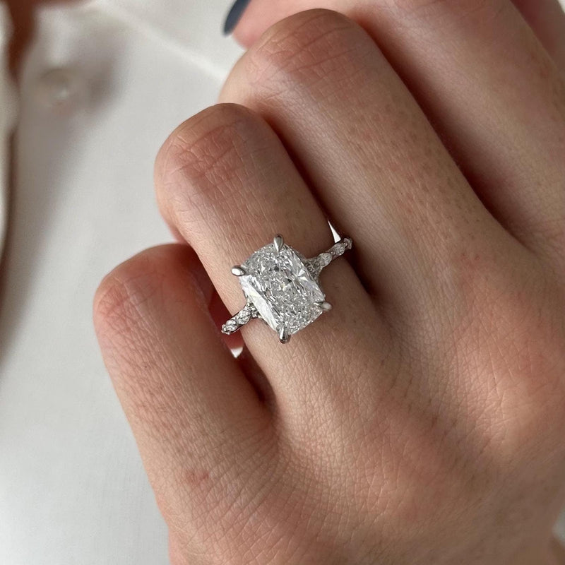 Elongated Cushion Diamond Dainty Hidden Halo Pavé Engagement Ring