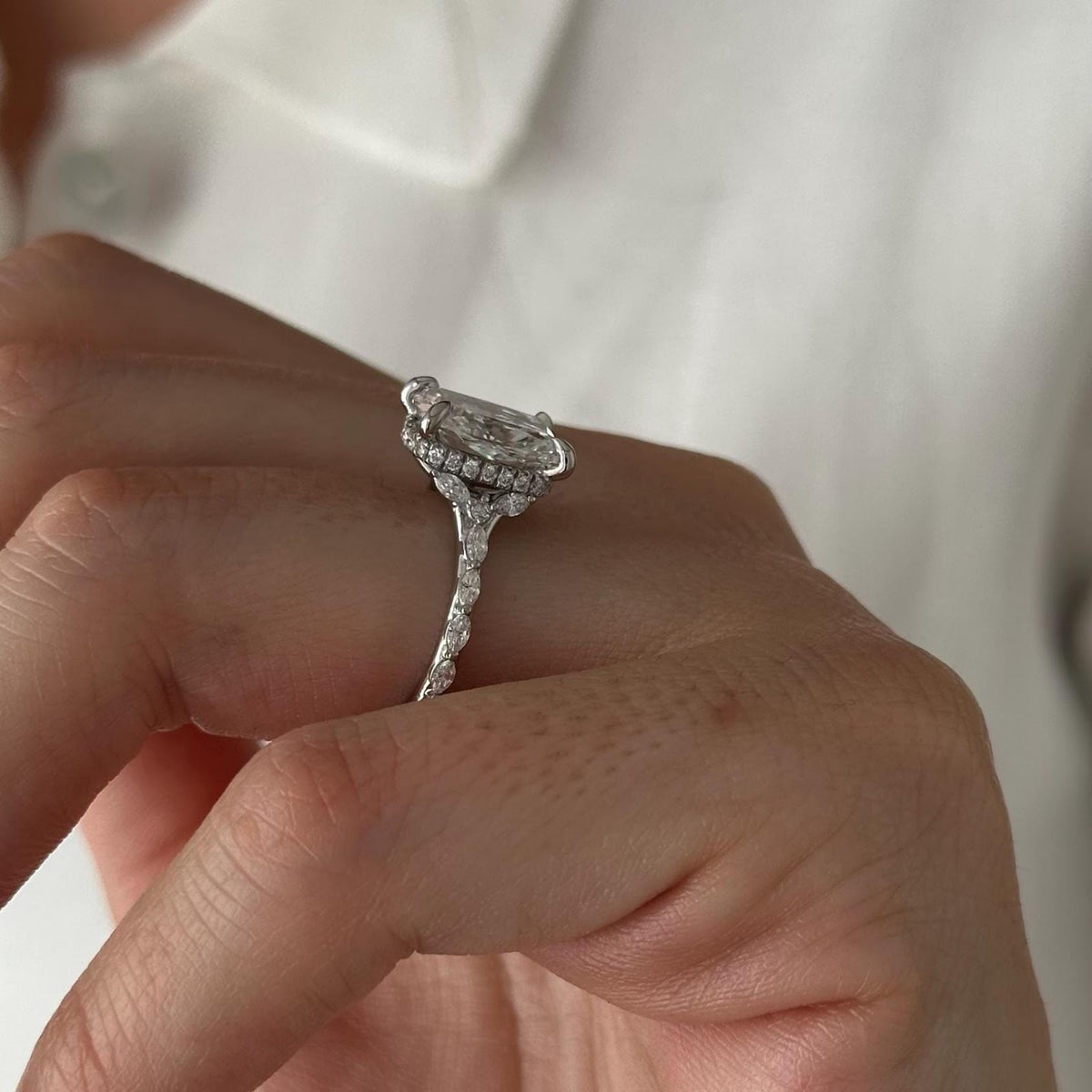 Elongated Cushion Diamond Dainty Hidden Halo Pavé Engagement Ring