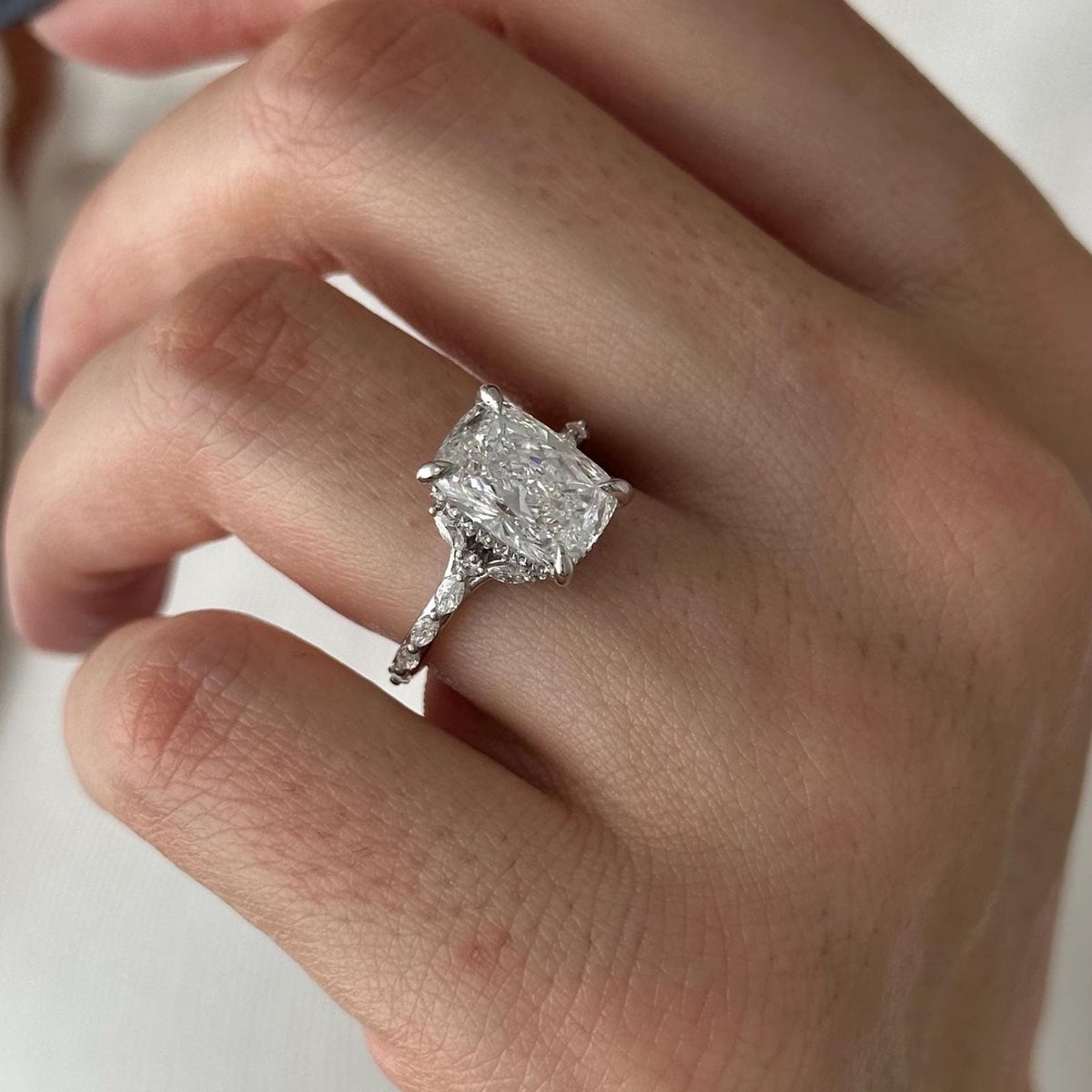 Elongated Cushion Diamond Dainty Hidden Halo Pavé Engagement Ring