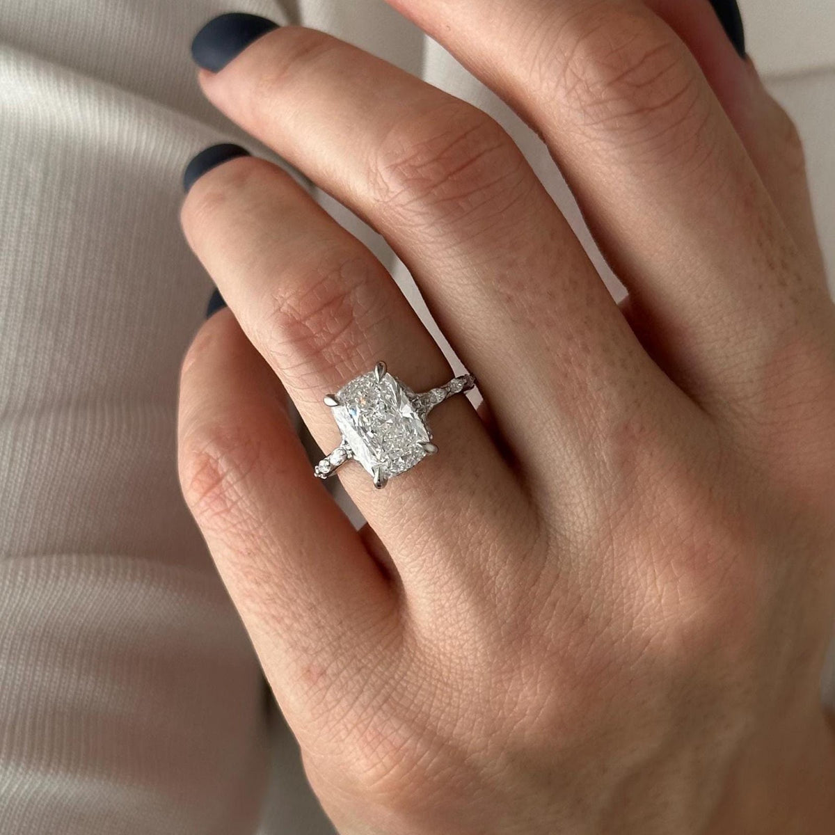 Elongated Cushion Diamond Dainty Hidden Halo Pavé Engagement Ring