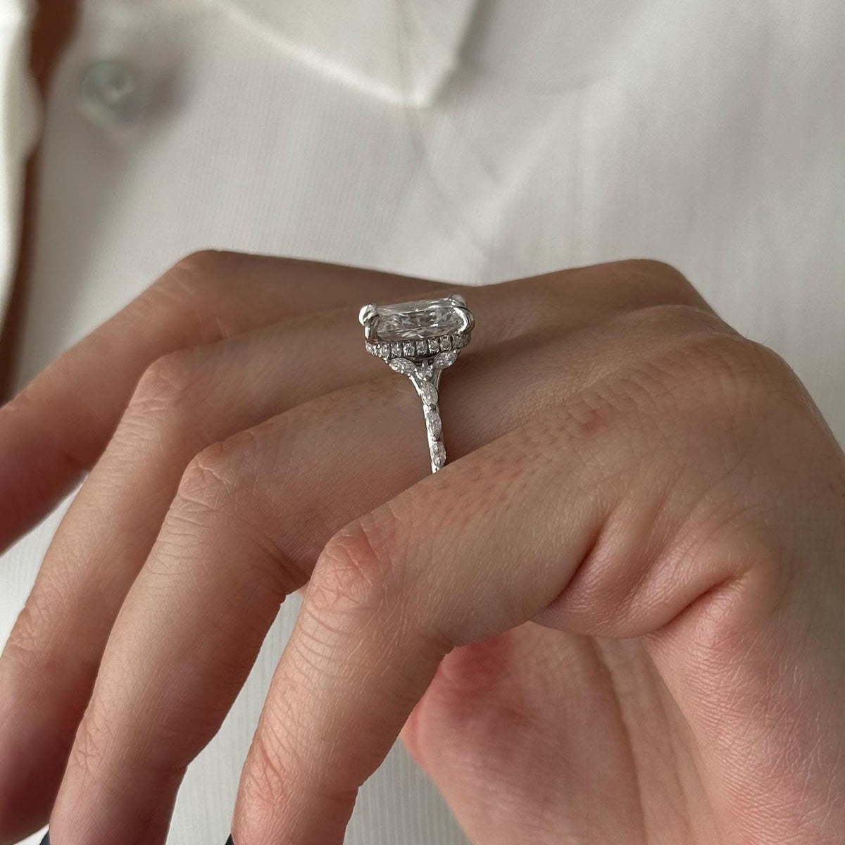 Elongated Cushion Diamond Dainty Hidden Halo Pavé Engagement Ring