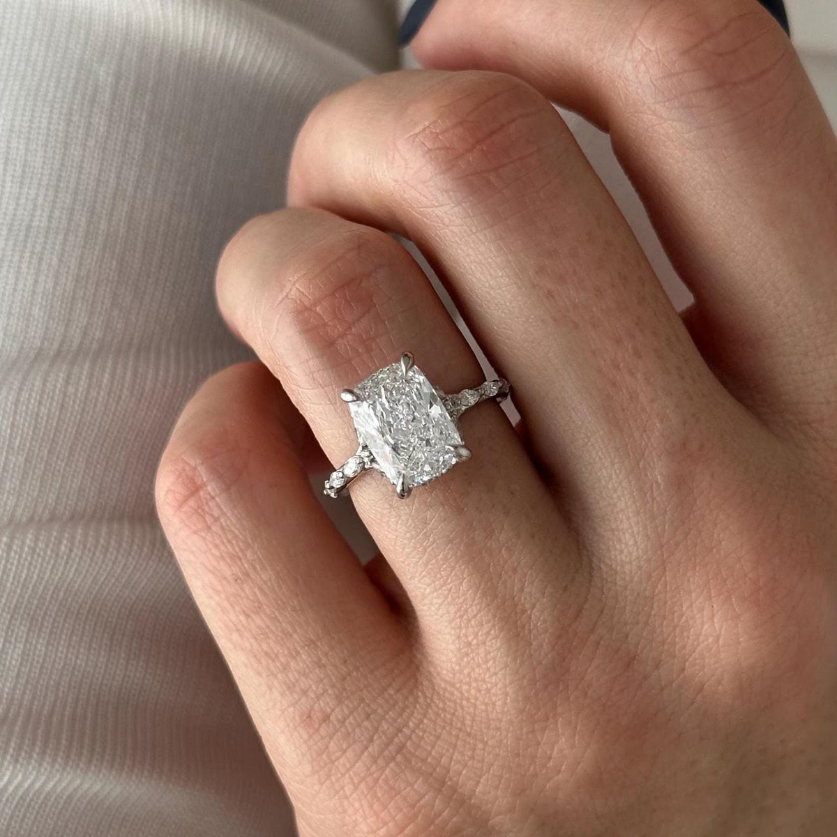 Elongated Cushion Diamond Dainty Hidden Halo Pavé Engagement Ring