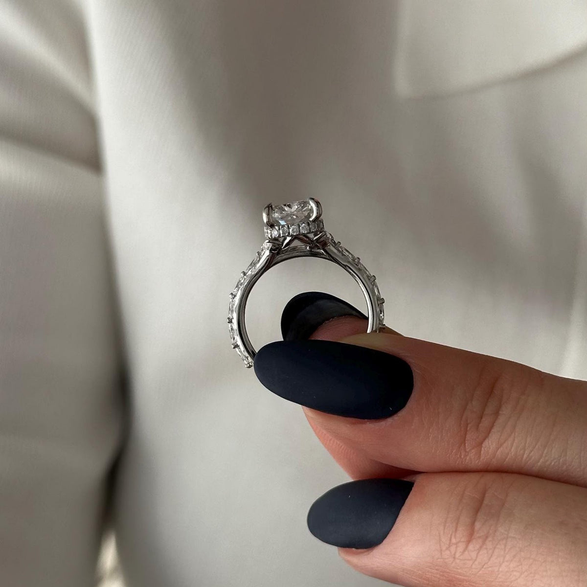 Elongated Cushion Diamond Dainty Hidden Halo Pavé Engagement Ring
