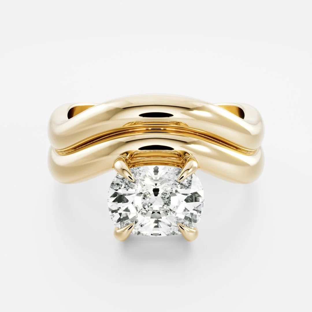 Elongated Cushion Diamond Double Curve Solitaire Engagement Ring