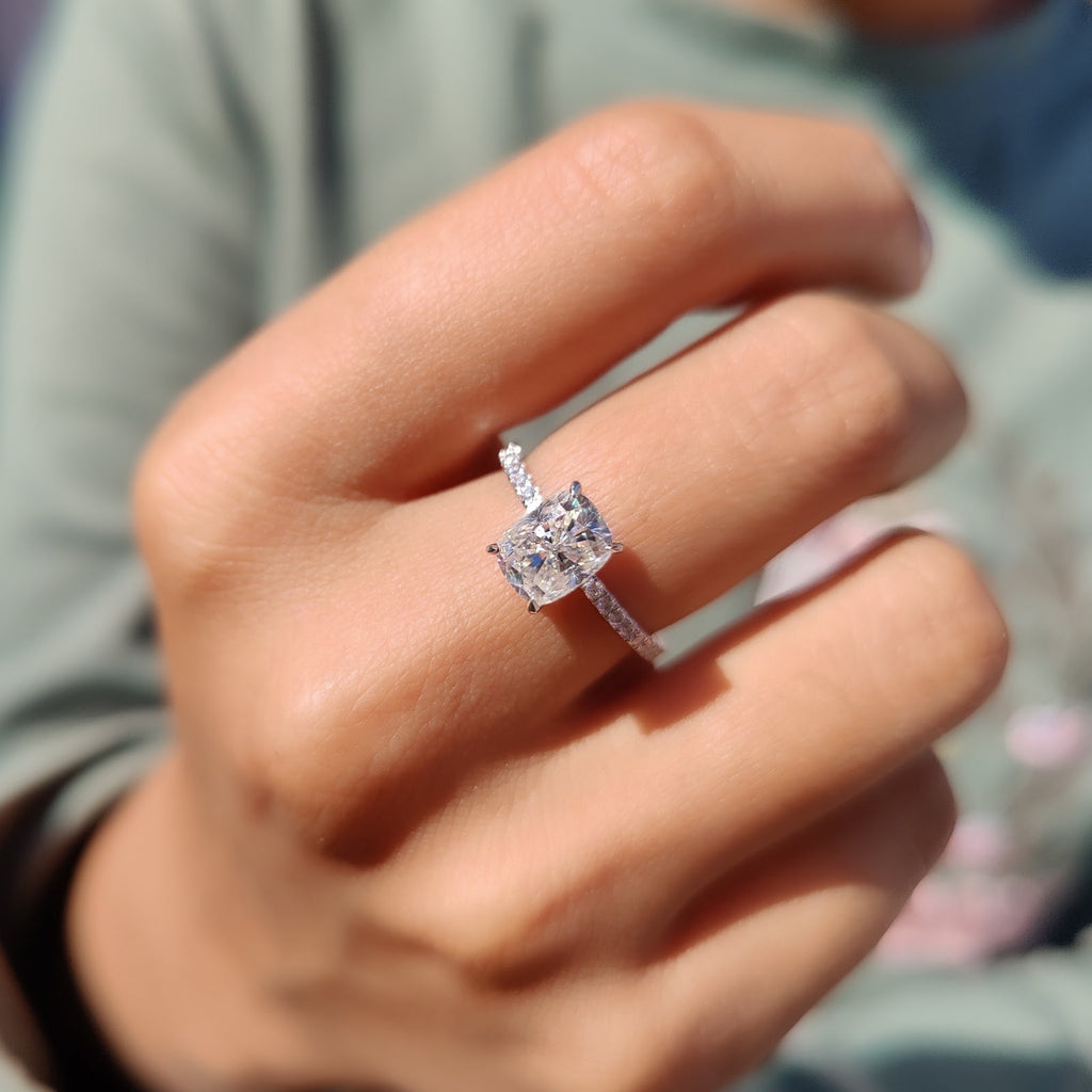 Elongated Cushion Diamond Floating Pavé Engagement Ring