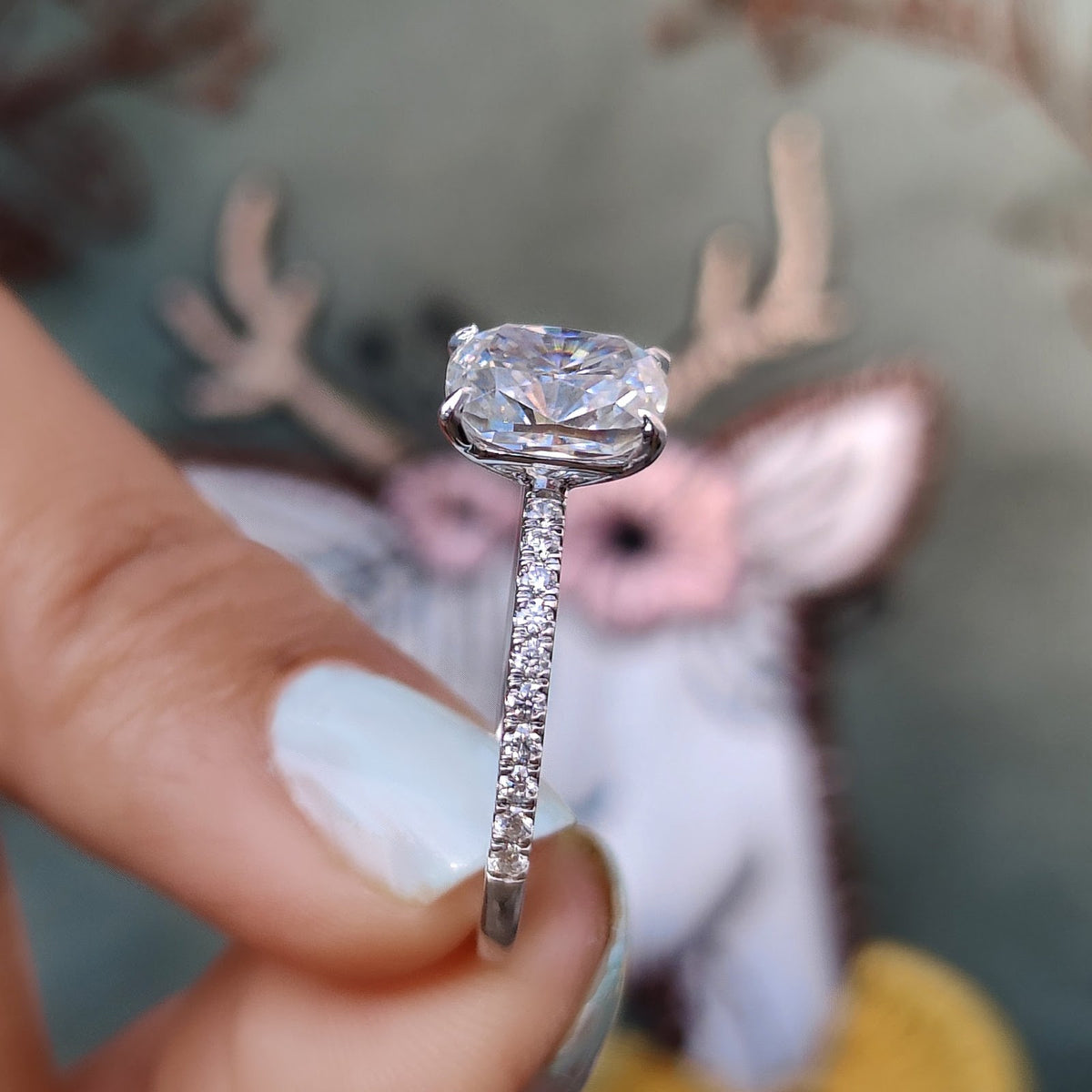 Elongated Cushion Diamond Floating Pavé Engagement Ring
