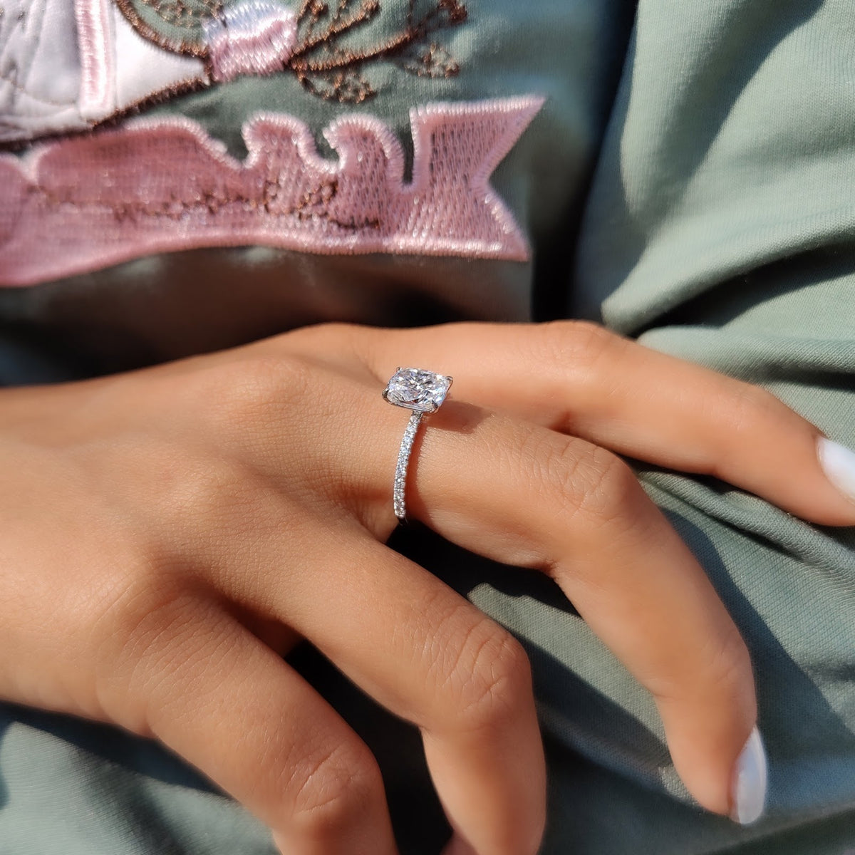 Elongated Cushion Diamond Floating Pavé Engagement Ring