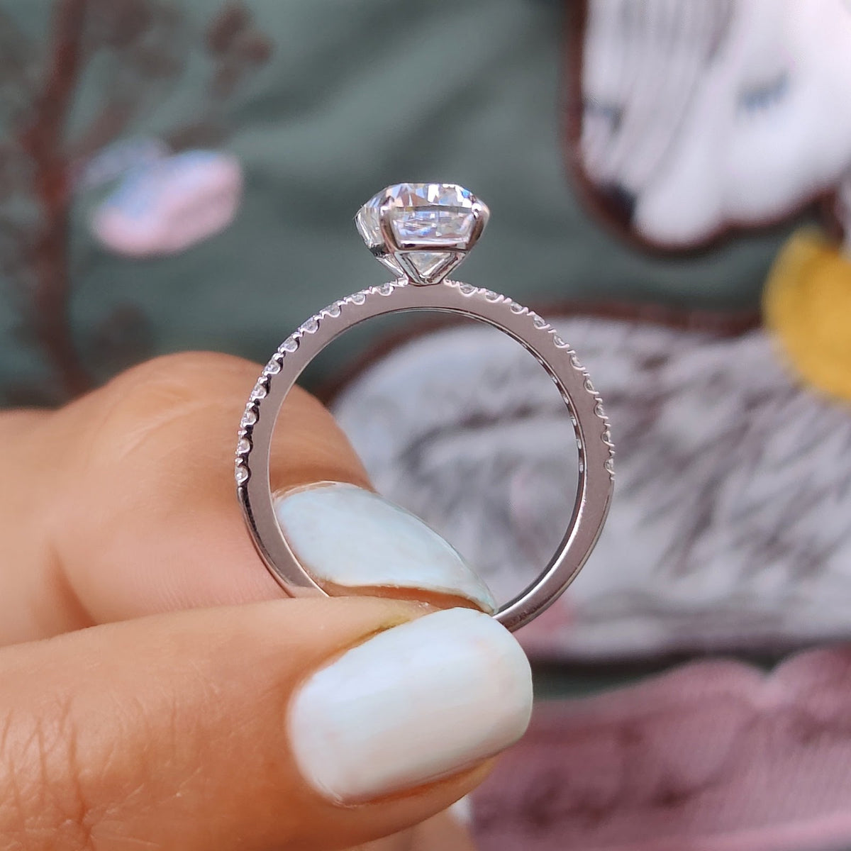 Elongated Cushion Diamond Floating Pavé Engagement Ring