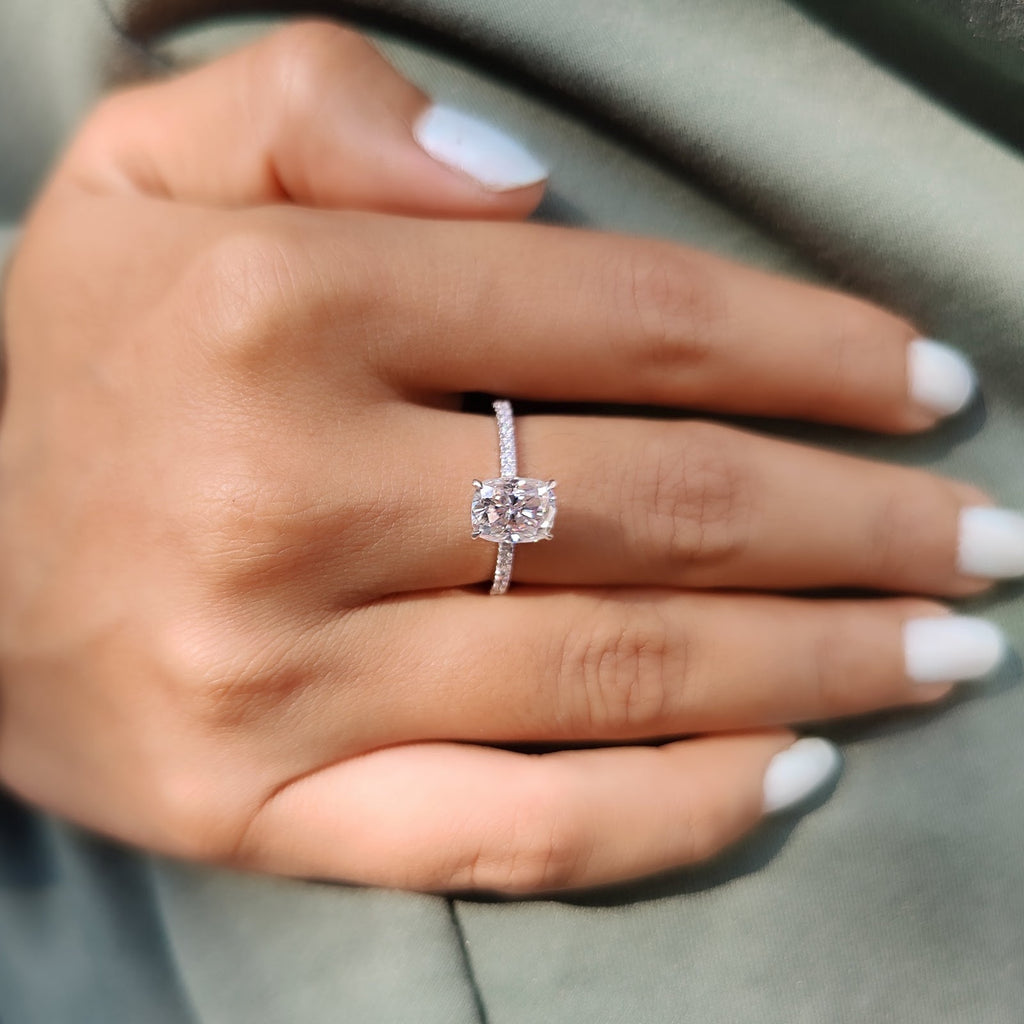 Elongated Cushion Diamond Floating Pavé Engagement Ring