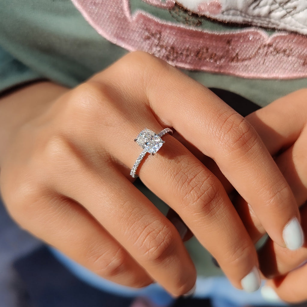 Elongated Cushion Diamond Floating Pavé Engagement Ring
