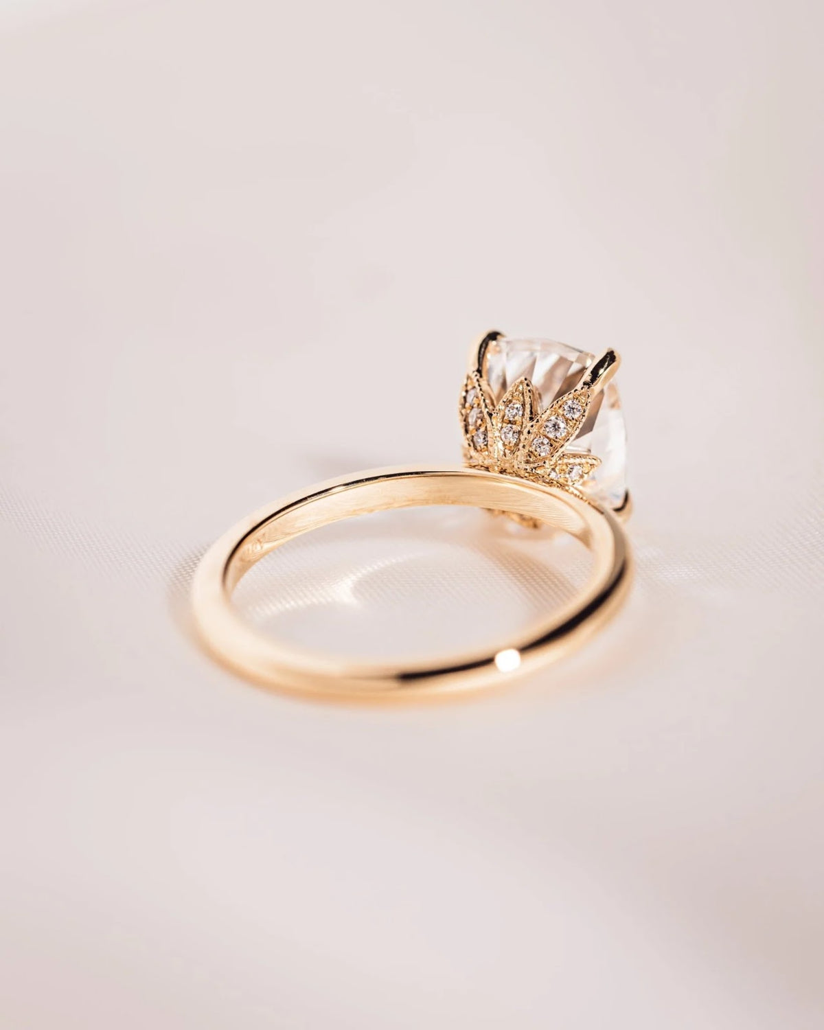 Elongated Cushion Diamond Floral Petal Prong Engagement Ring