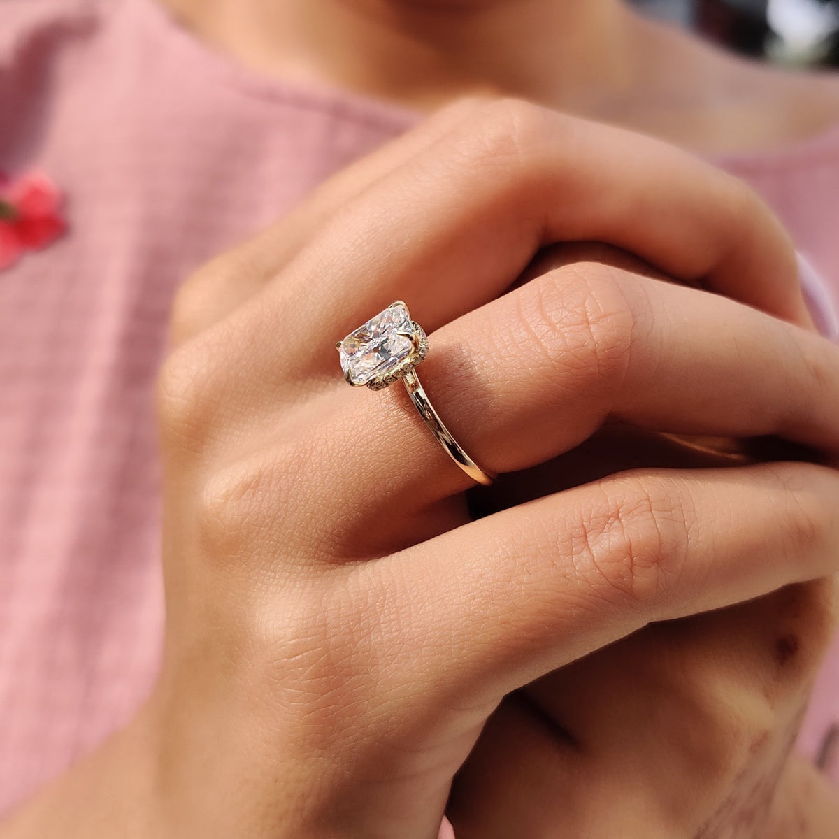 Elongated Cushion Diamond Heirloom Hidden Halo Engagement Ring
