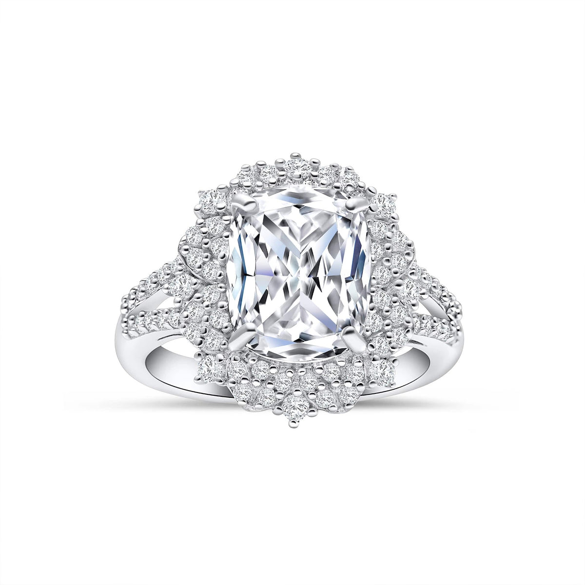 Elongated Cushion Diamond Refined Halo Split Shank Pavé Engagement Ring