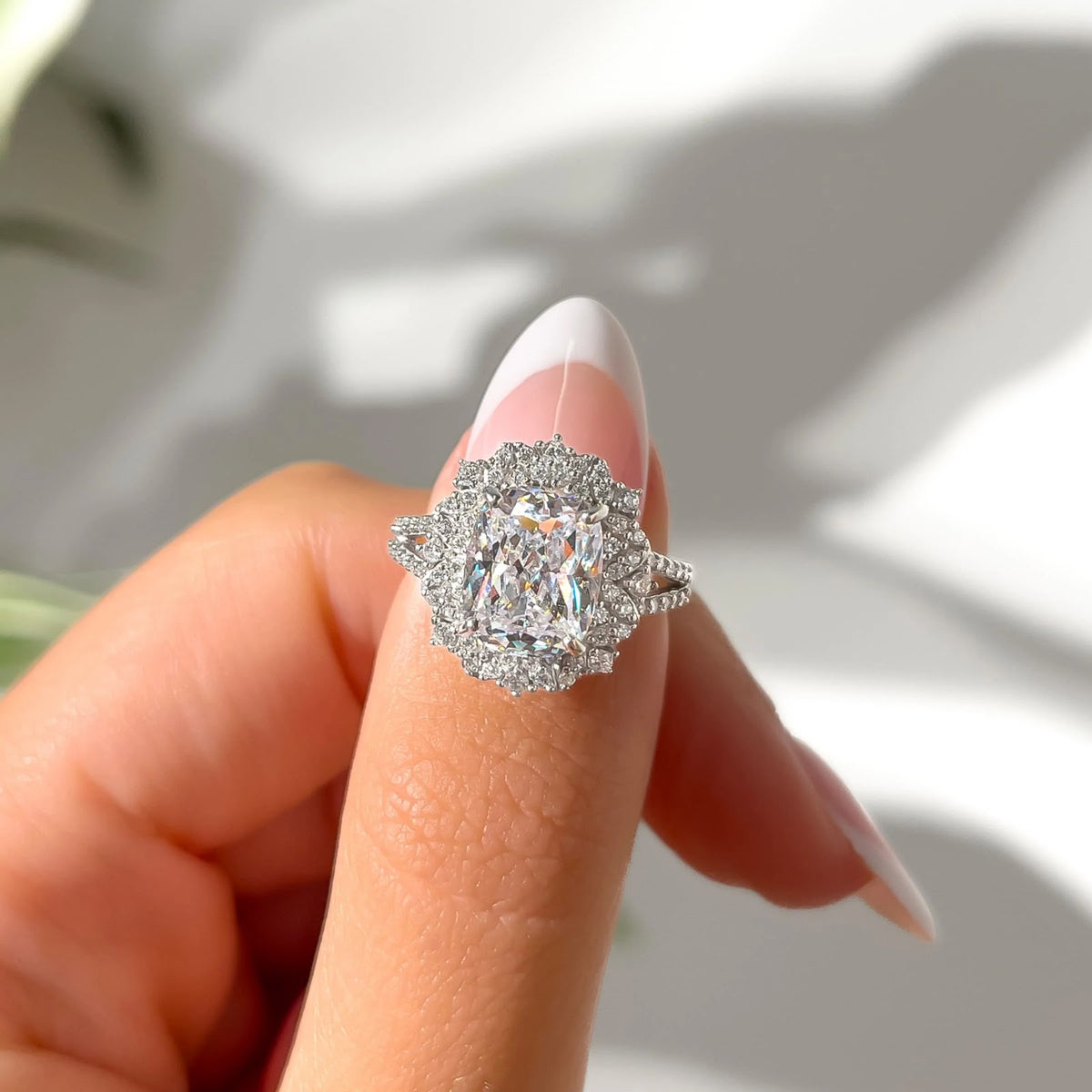 Elongated Cushion Diamond Refined Halo Split Shank Pavé Engagement Ring