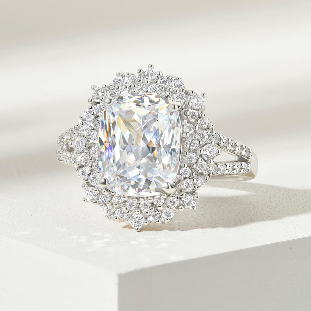 Elongated Cushion Diamond Refined Halo Split Shank Pavé Engagement Ring