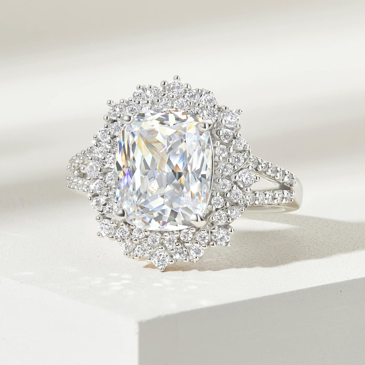 Elongated Cushion Diamond Refined Halo Split Shank Pavé Engagement Ring