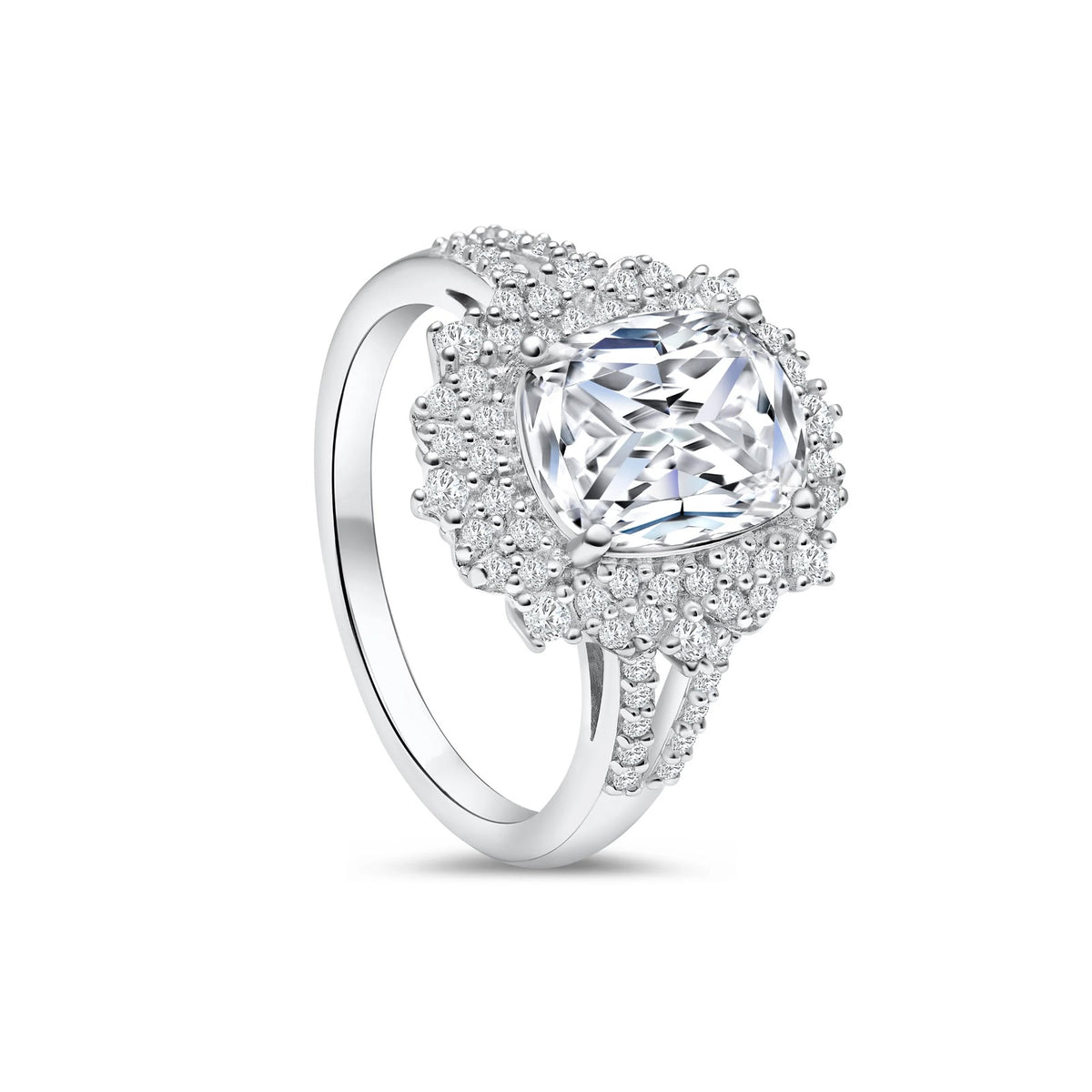 Elongated Cushion Diamond Refined Halo Split Shank Pavé Engagement Ring