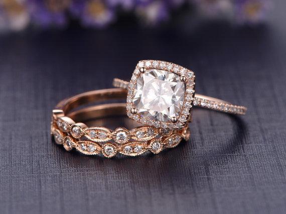 1.50 CT Cushion Cut Halo Moissanite Bridal Ring Set - violetjewels