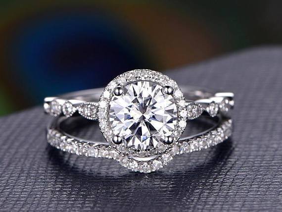 1.5 CT Round Cut Halo Pave Setting Moissanite Bridal Ring Set - violetjewels