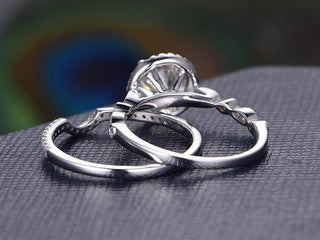 1.5 CT Round Cut Halo Pave Setting Moissanite Bridal Ring Set - violetjewels