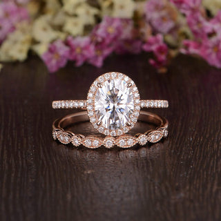 1.50 CT Oval Cut Halo Moissanite Bridal Ring Set - violetjewels