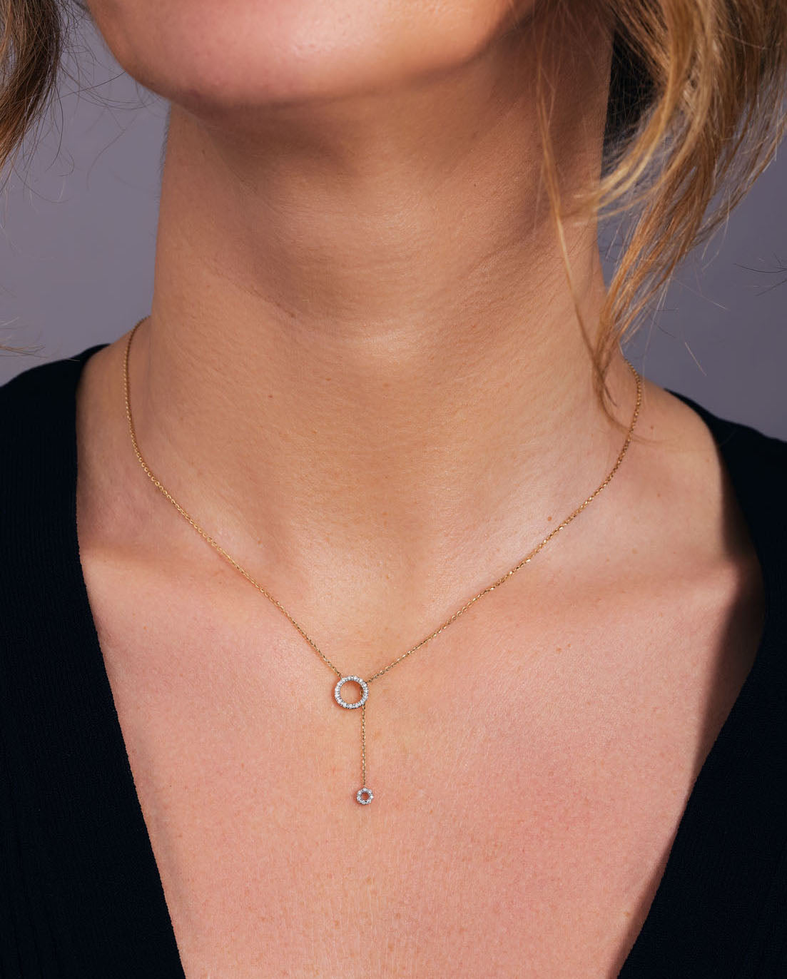 0.10 TCW Round Moissanite Diamond Circle Lariat Pendent Necklace - violetjewels