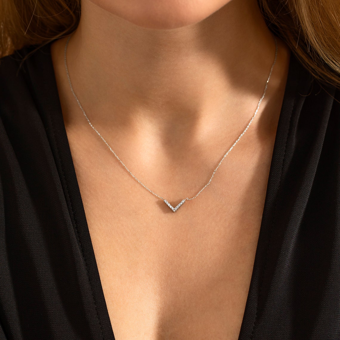 0.10 TCW Round Moissanite Diamond V Shaped Necklace - violetjewels
