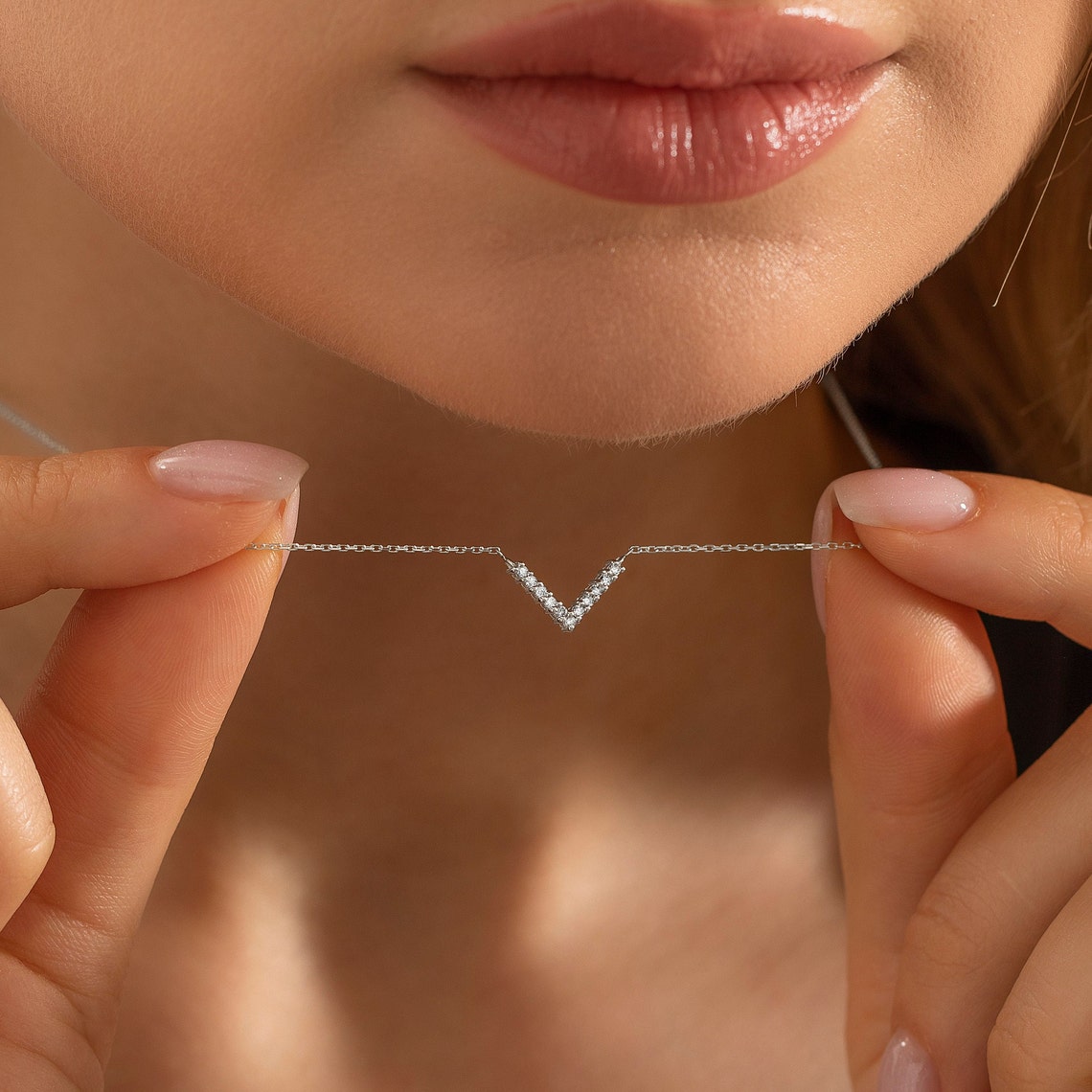 0.10 TCW Round Moissanite Diamond V Shaped Necklace - violetjewels