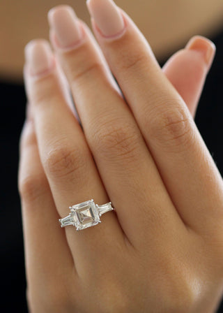 3.01ct Asscher D-VVS2 Diamond 3 Stones Engagement Ring - violetjewels