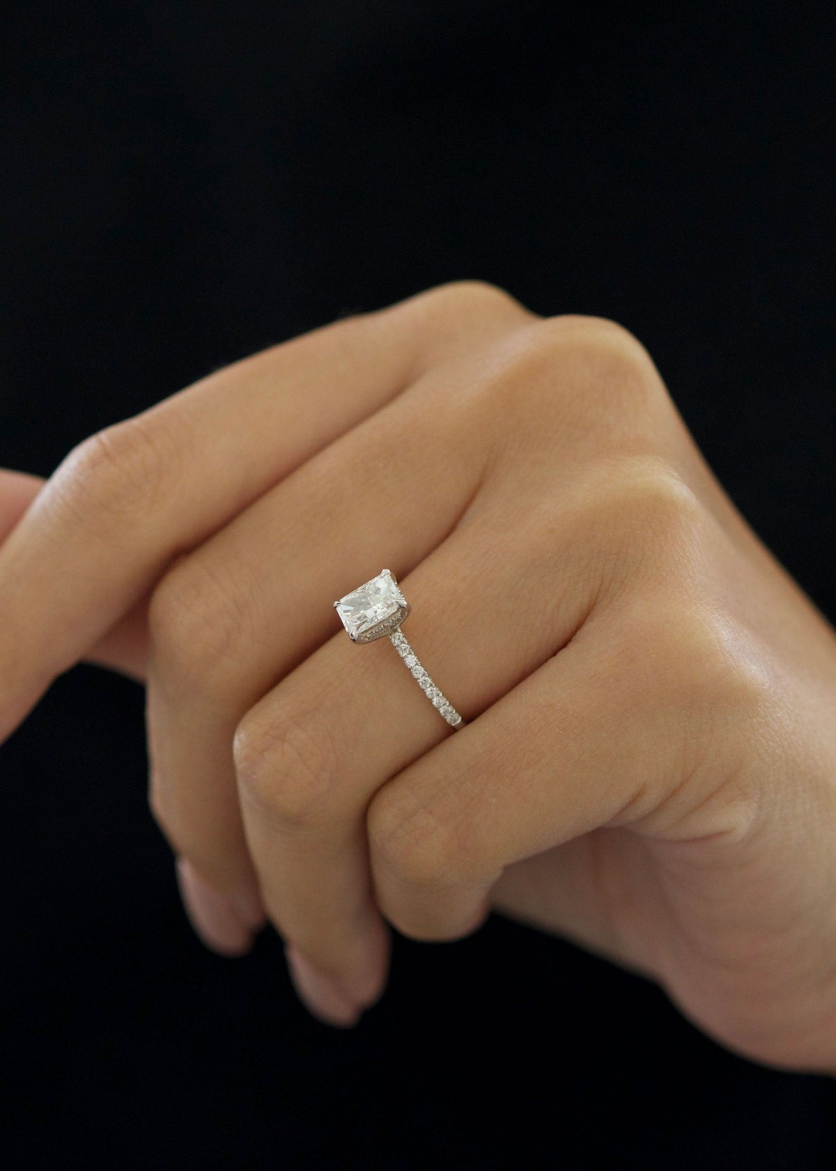 Radiant Diamond Pave Engagement Ring with radiant cut center and sparkling pave band