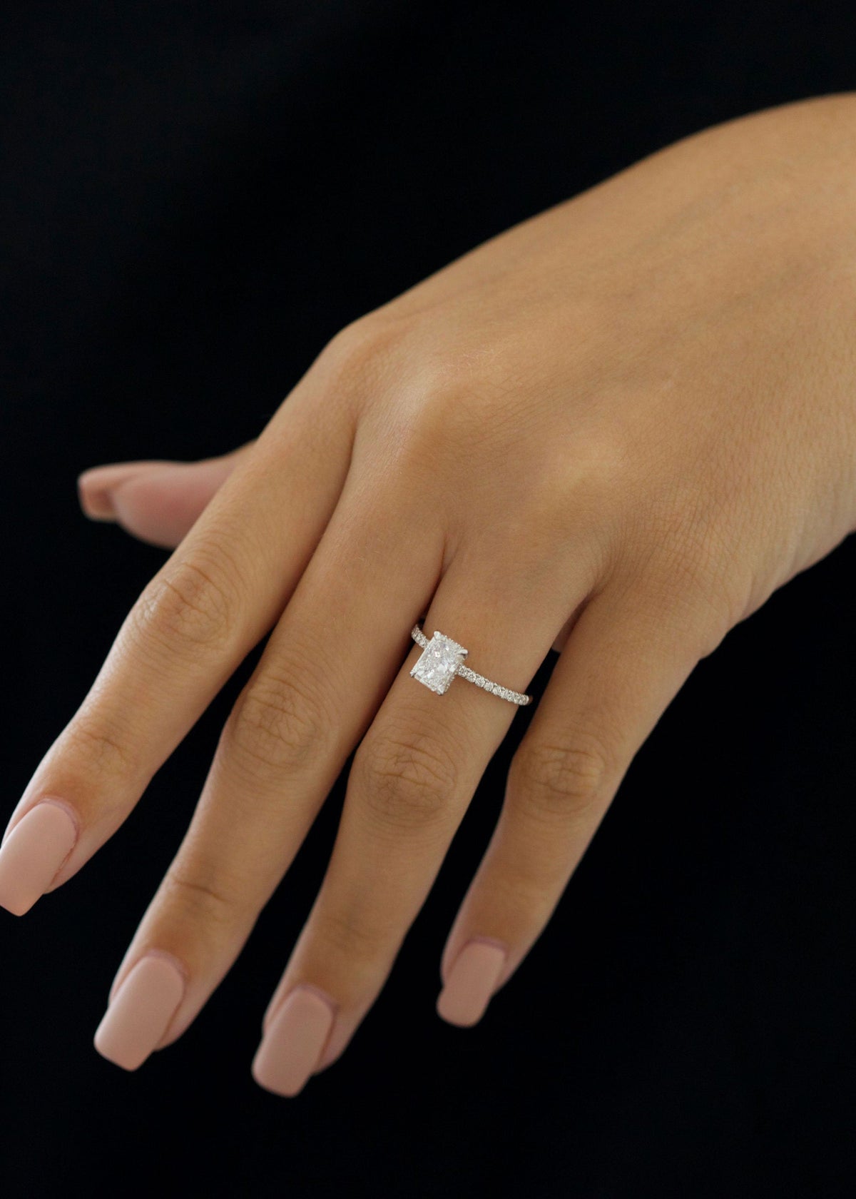 Radiant Diamond Pave Engagement Ring with radiant cut center and sparkling pave band