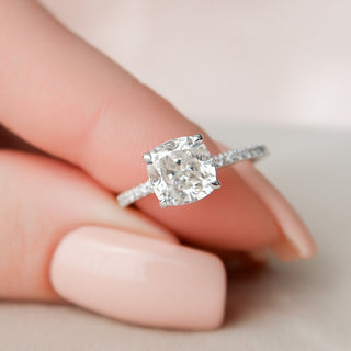 1.5 CT Cushion Hidden Halo & Pave Setting Moissanite Engagement Ring - violetjewels