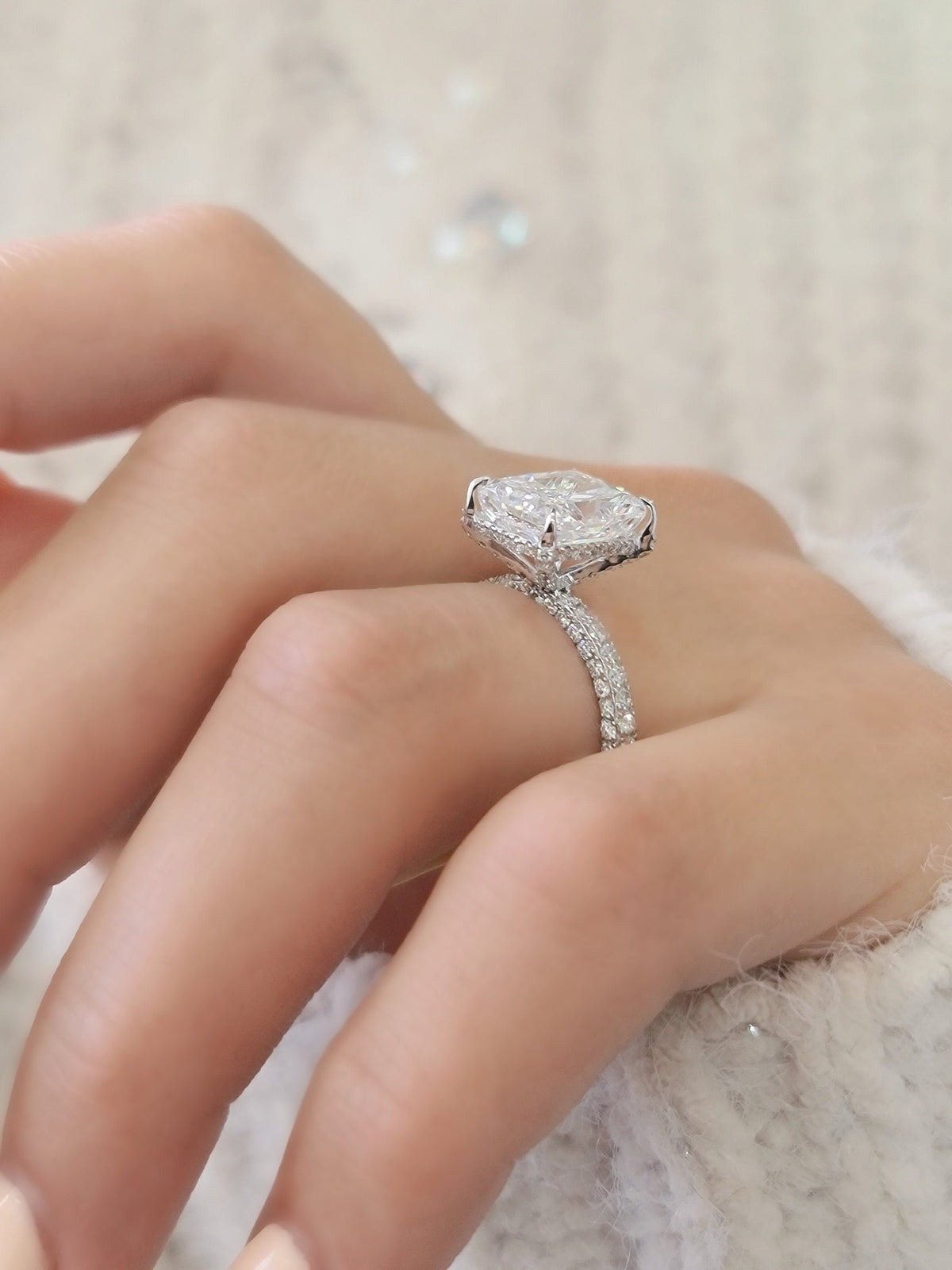 Radiant Hidden Halo Lab Grown Diamond Engagement Ring with sparkling pave band and halo detail