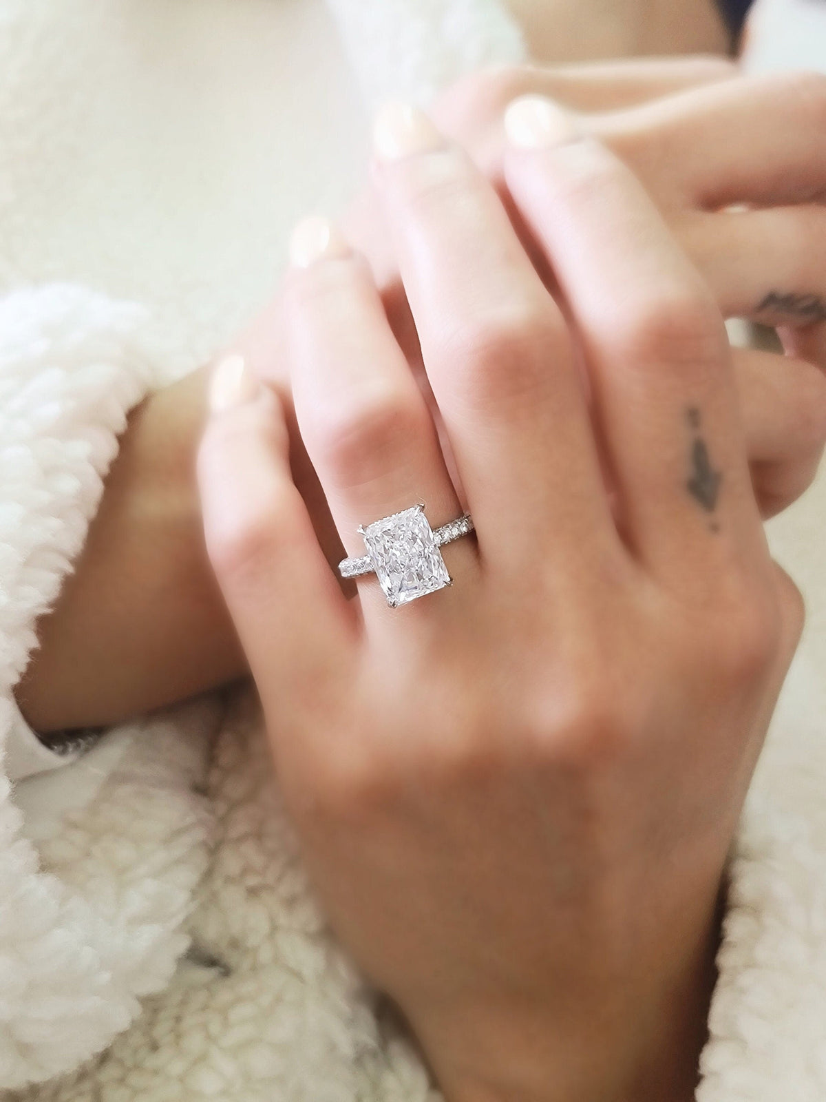 Radiant Hidden Halo Lab Grown Diamond Engagement Ring with sparkling pave band and halo detail