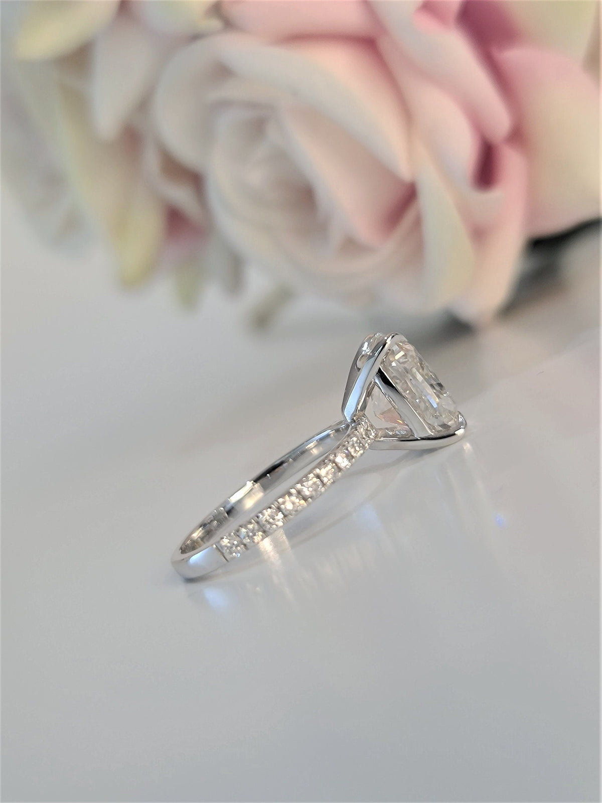 Cushion Pave Lab Grown Diamond Engagement Ring with cushion cut center and pave accents