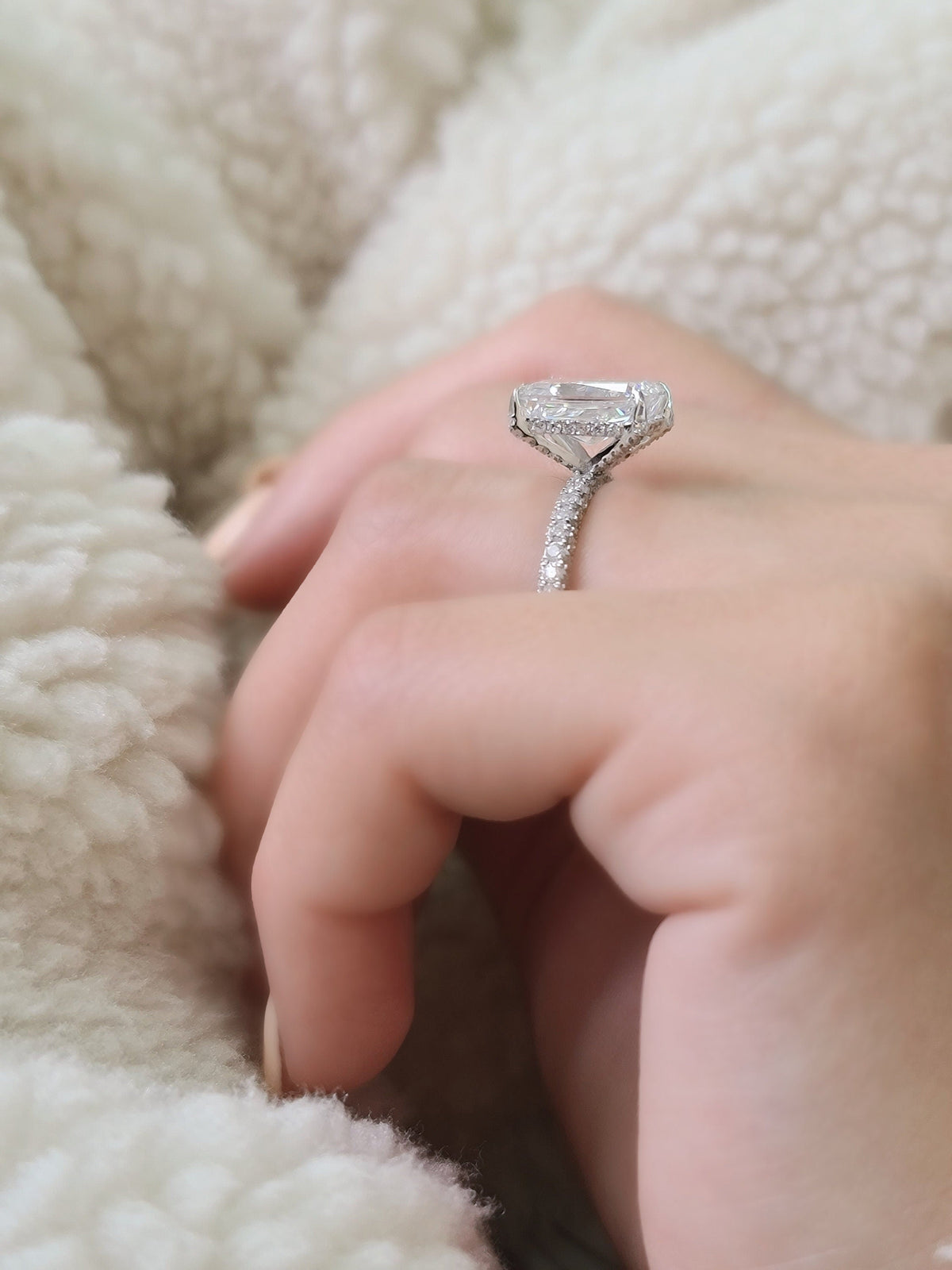 Radiant Hidden Halo Lab Grown Diamond Engagement Ring with sparkling pave band and halo detail