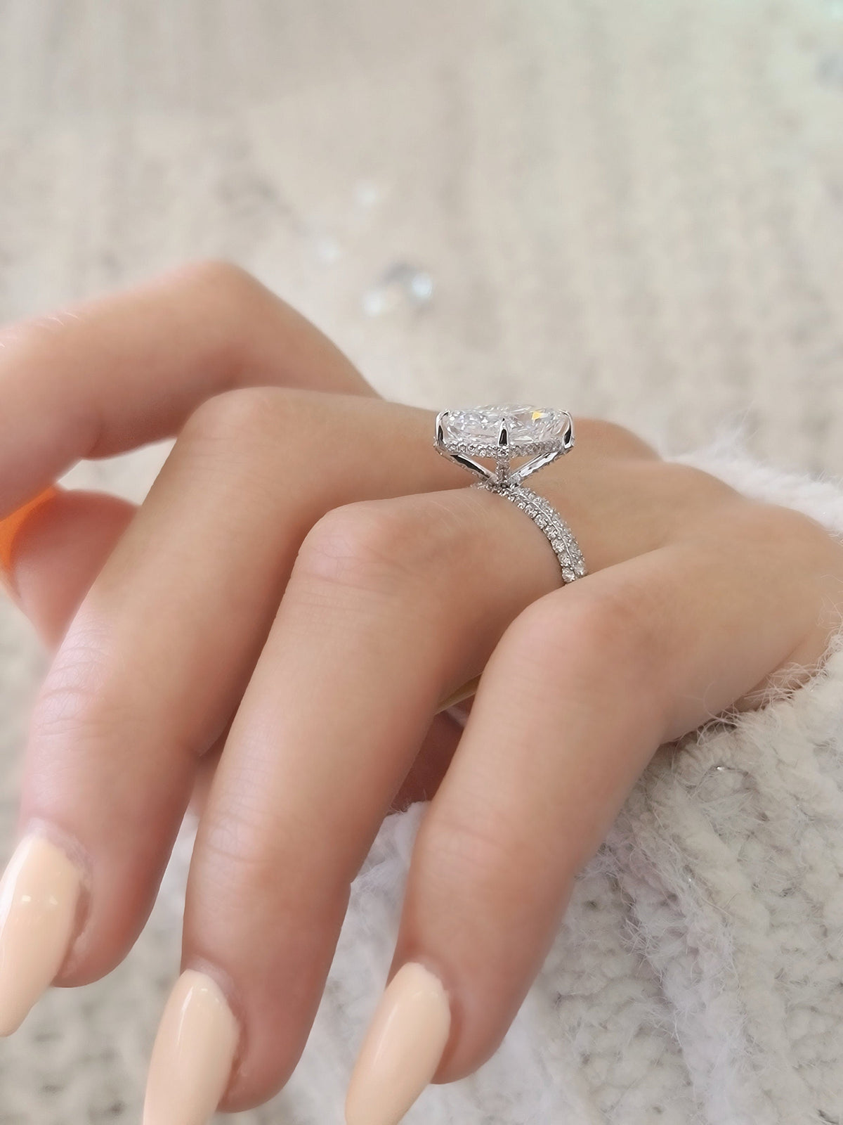 Radiant Hidden Halo Lab Grown Diamond Engagement Ring with sparkling pave band and halo detail
