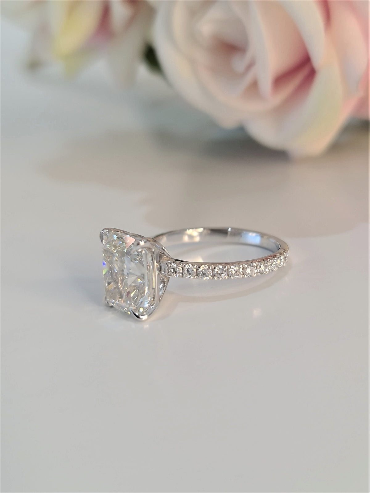 Cushion Pave Lab Grown Diamond Engagement Ring with cushion cut center and pave accents