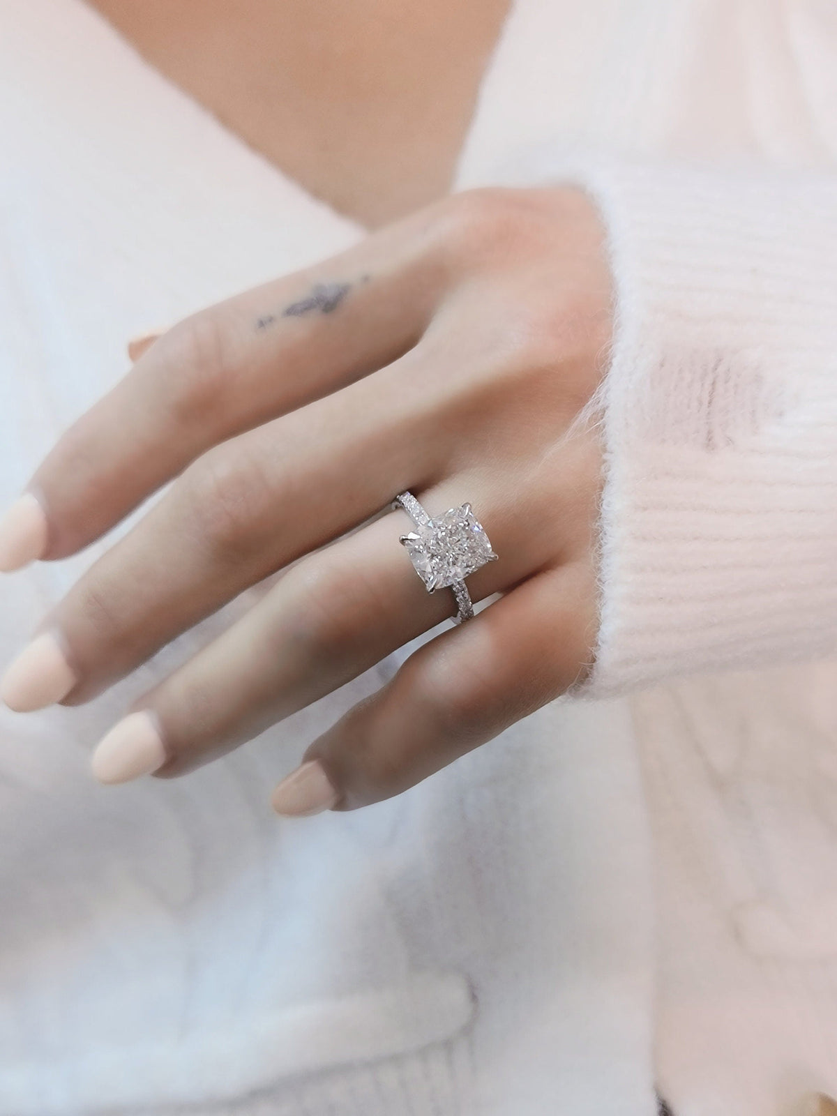 Cushion Pave Lab Grown Diamond Engagement Ring with cushion cut center and pave accents