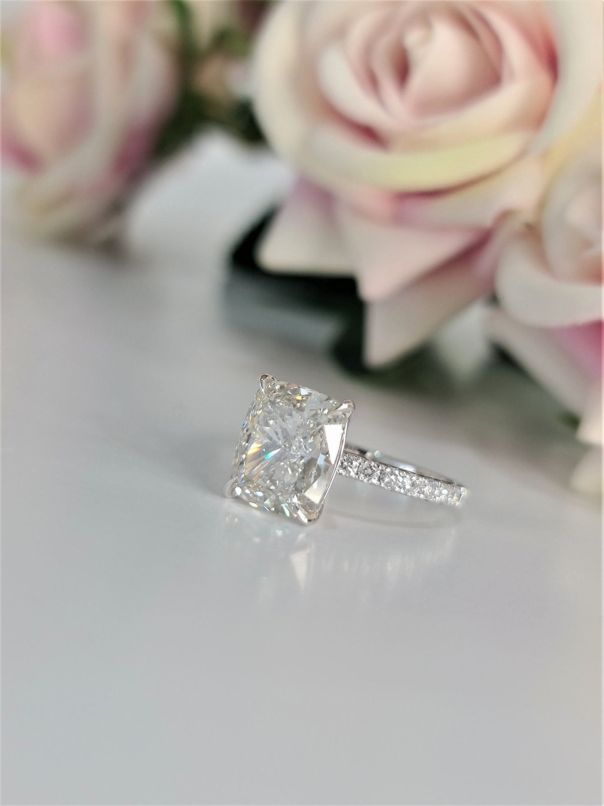 Cushion Pave Lab Grown Diamond Engagement Ring with cushion cut center and pave accents