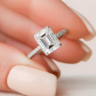 3.0 CT Emerald Cut Hidden Halo & Pave Moissanite Engagement Ring - violetjewels