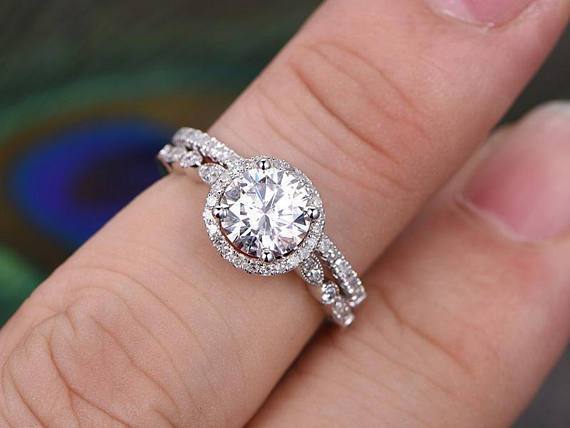 1.5 CT Round Cut Halo Pave Setting Moissanite Bridal Ring Set - violetjewels