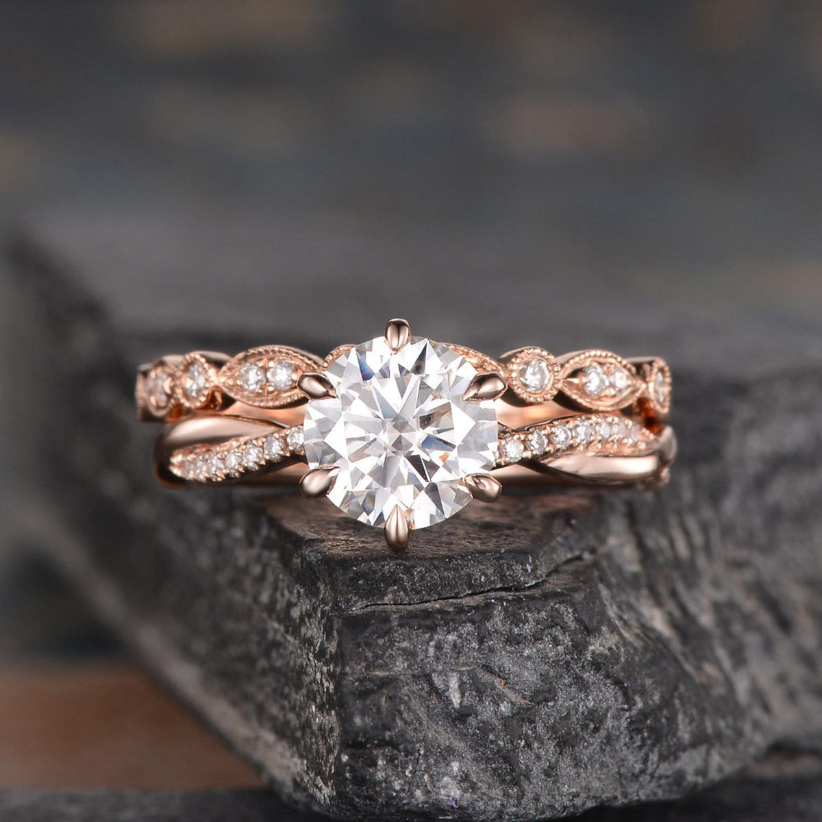 1.50 CT Round Cut Solitaire Milgrain Style Moissanite Bridal Ring Set - violetjewels