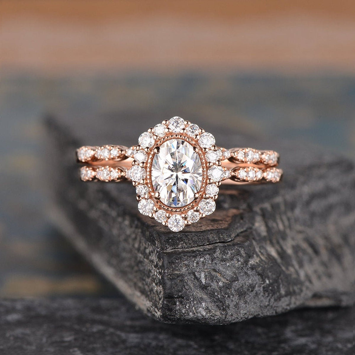 1.50 CT Oval Cut Halo Moissanite Bridal Ring Set - violetjewels
