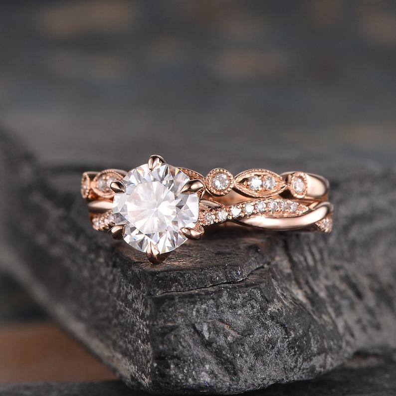 1.50 CT Round Cut Solitaire Milgrain Style Moissanite Bridal Ring Set - violetjewels
