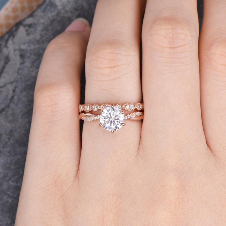 1.50 CT Round Cut Solitaire Milgrain Style Moissanite Bridal Ring Set - violetjewels