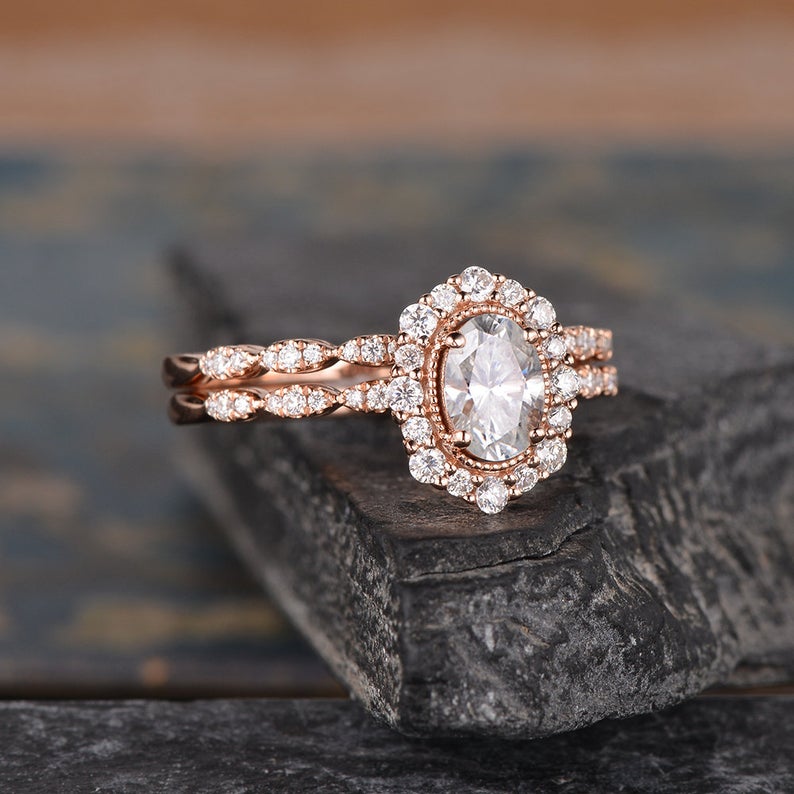 1.50 CT Oval Cut Halo Moissanite Bridal Ring Set - violetjewels