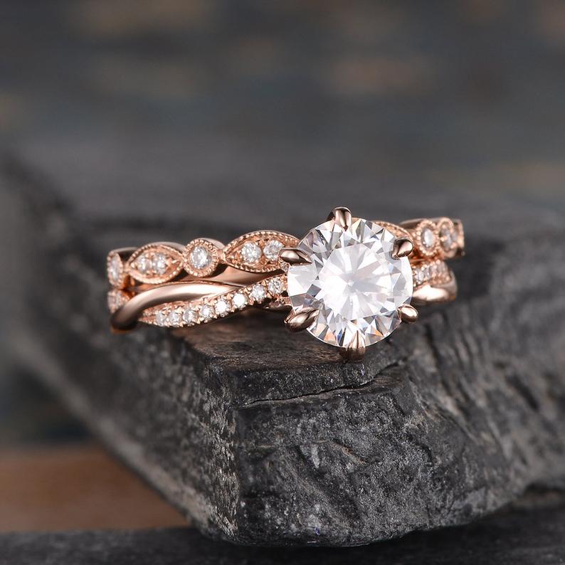 1.50 CT Round Cut Solitaire Milgrain Style Moissanite Bridal Ring Set - violetjewels