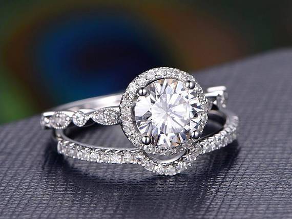 1.5 CT Round Cut Halo Pave Setting Moissanite Bridal Ring Set - violetjewels
